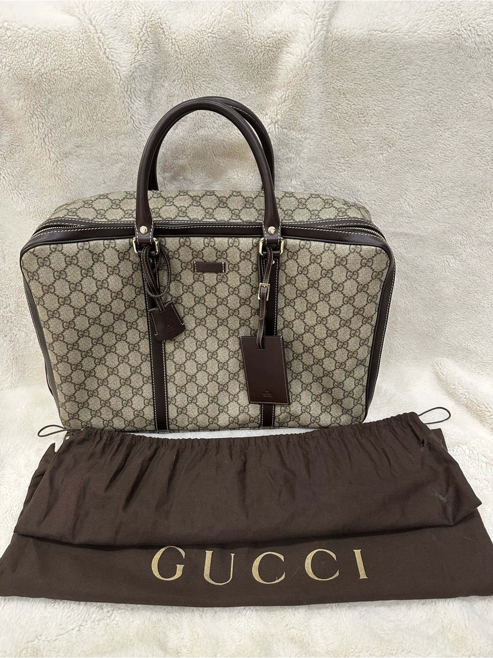 Gucci Brown/Beige GG Supreme Weekend Travel Bag with Leather Trim